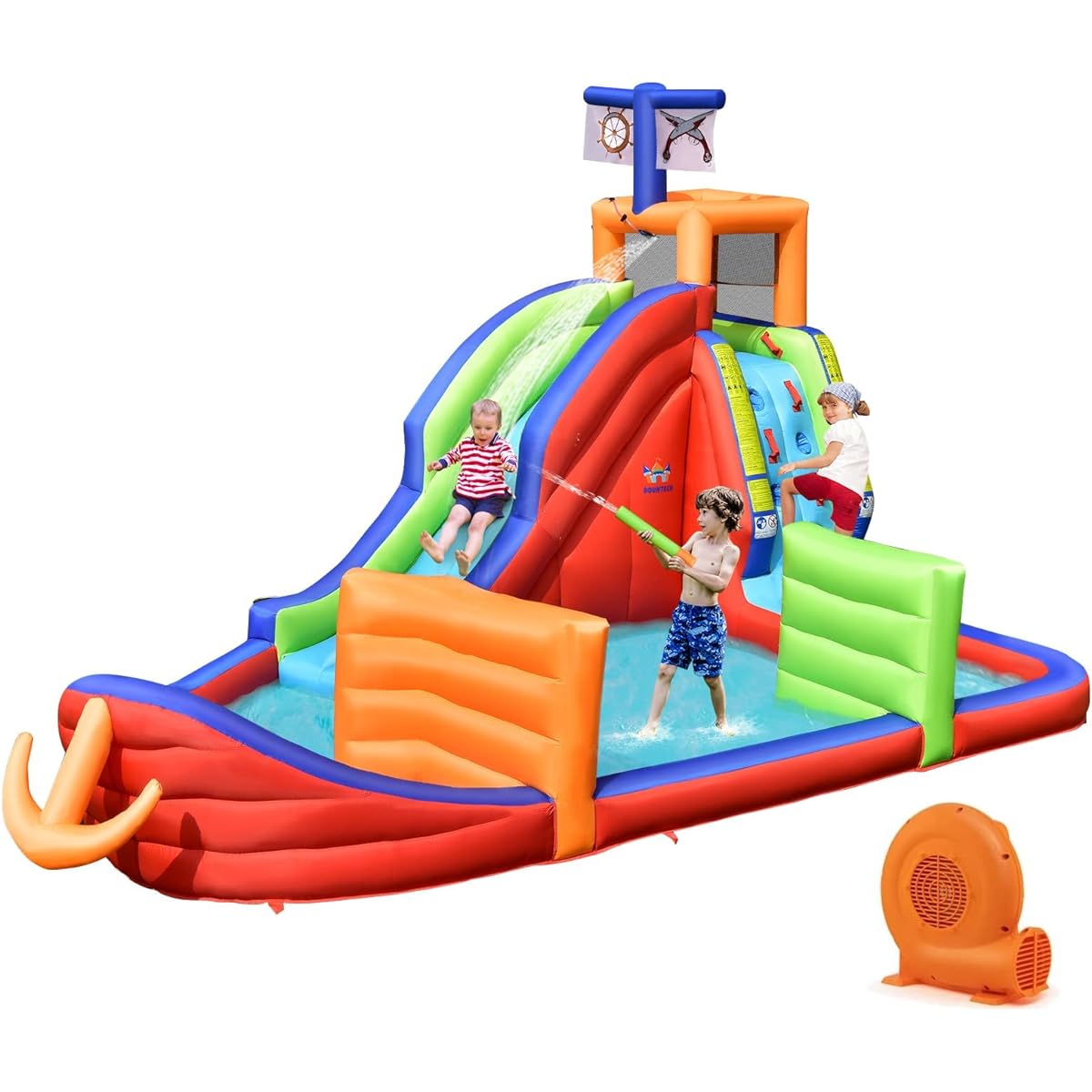 BOUNTECH Inflatable Water Slide 6 in 1 Pirate Ship Giant Water Slide Park for Outdoor Fun with GFCI 750W Blower Splash Pool Darts Game Water Slide Inflatable for Kids and Adults Backyard Party Gift