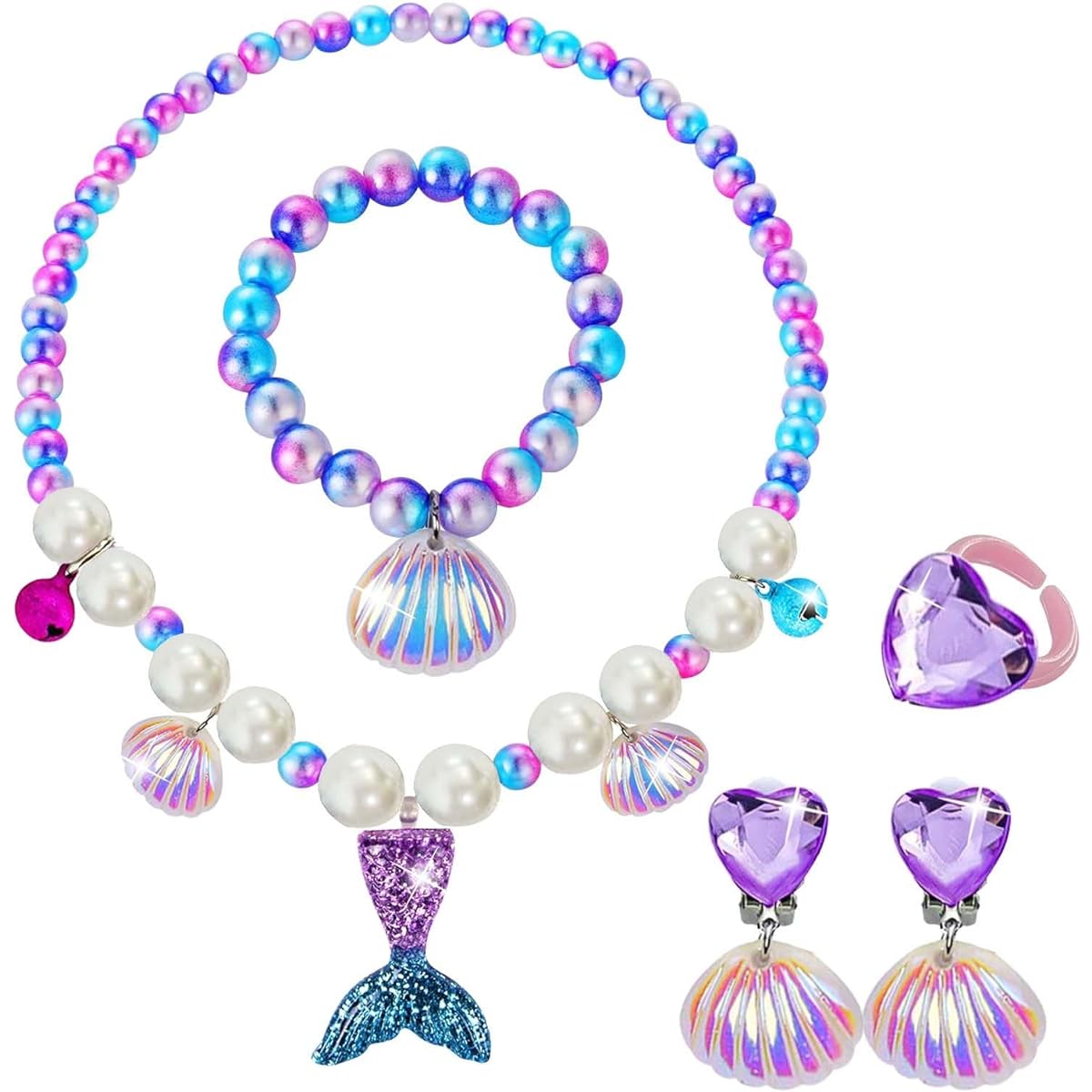 DkakoJew Girls Jewelry Set Necklace Bracelet Earrings Ring Set Mermaid Necklace Girls Jewelry Set Halloween Christmas Birthday Gift, 925 Silver, Cubic Zirconia Crystal