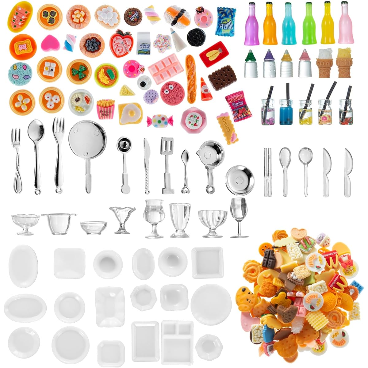 Diinokiy 200pcs Dollhouse Miniature Food Drink Bottles Cooking Toy Kitchen Accessories Mini Play Fake Resin Pretend Game Party Tableware Bread Cake Ice Cream 1/12 Dollhouse Scenery