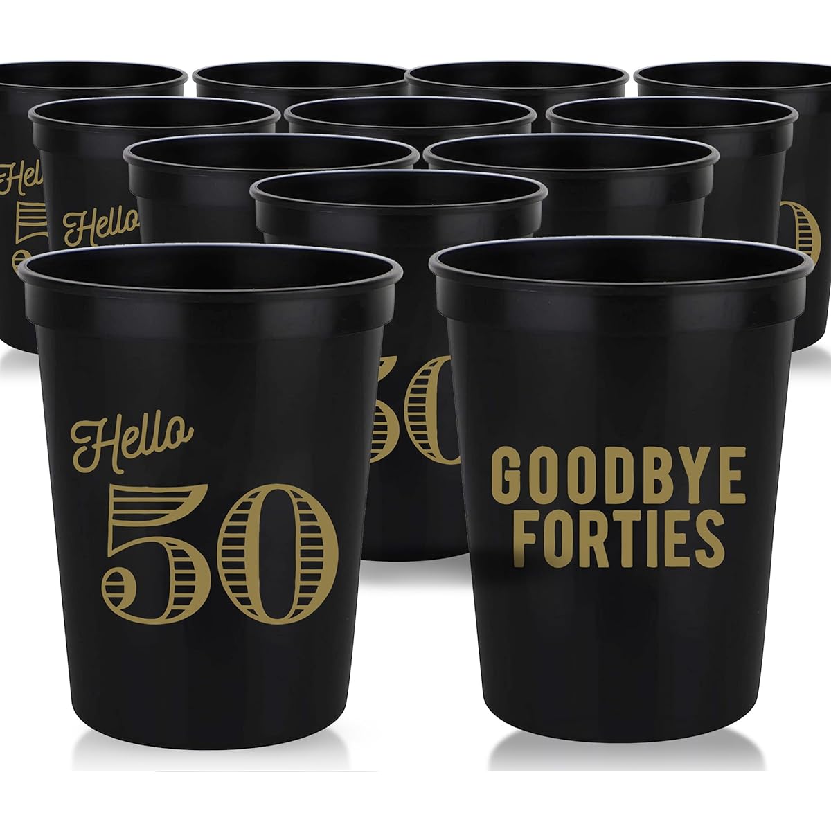 Hello 50 Goodbye Forties 50th Birthday Party Cups, Set of 12, 16 oz, Black and Metallic Gold Stadium 50th Birthday Cups, Perfect for Birthday Parties and Birthday Decorations
