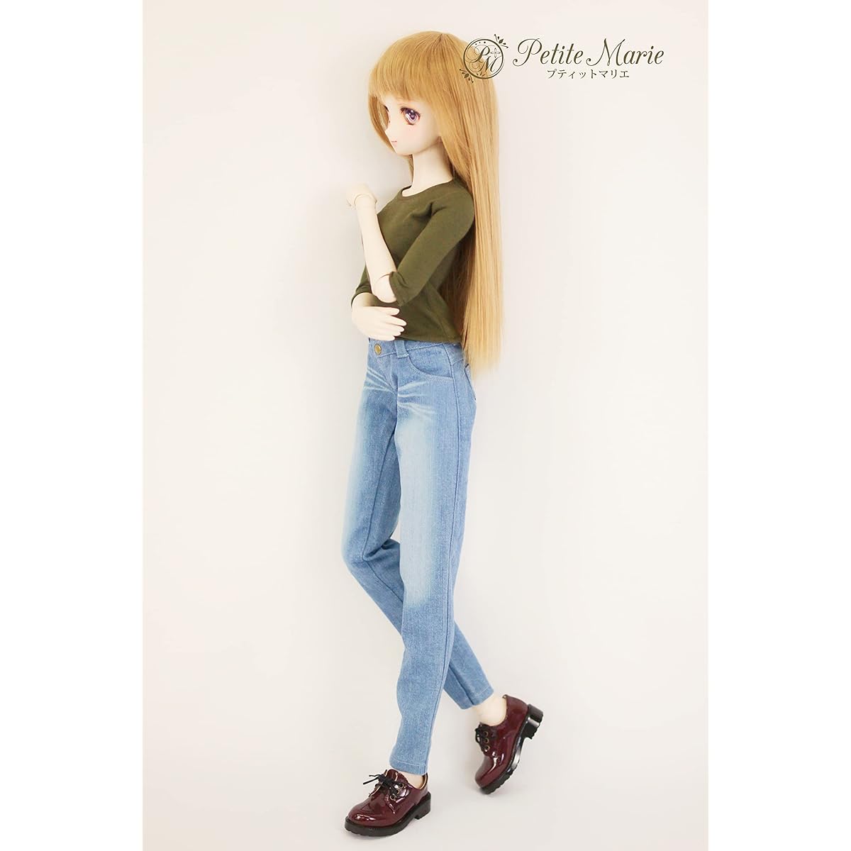 [Petite Marie] 1/3 DD compatible Okayama processing boyfriend jeans light blue KOJIMA processing jeans processing low rise roll-up stretch denim vintage processing 60cm doll BJD doll clothes [Petite Marie] [No. 0131]