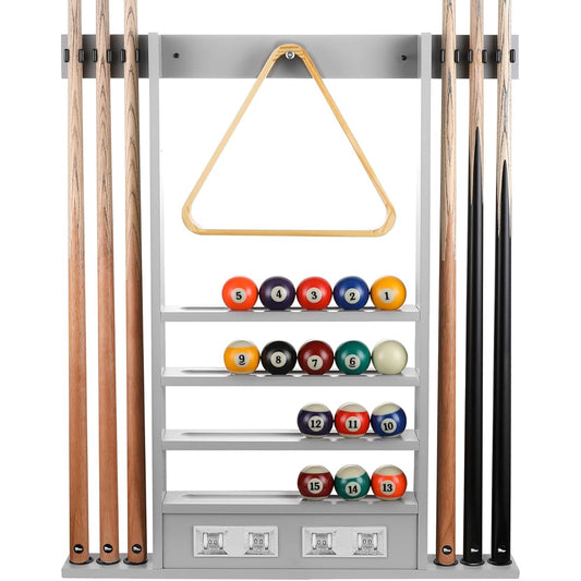 Pool Stick Holder 2-in-1 Pool Cue Rack & Score Counter Holds 6 Billiard Sticks Full Set of Balls Wooden Triangle Chalk Brush 100% Solid Rubber Wood Wall Mount Billiard Accessories Storage Ray Color