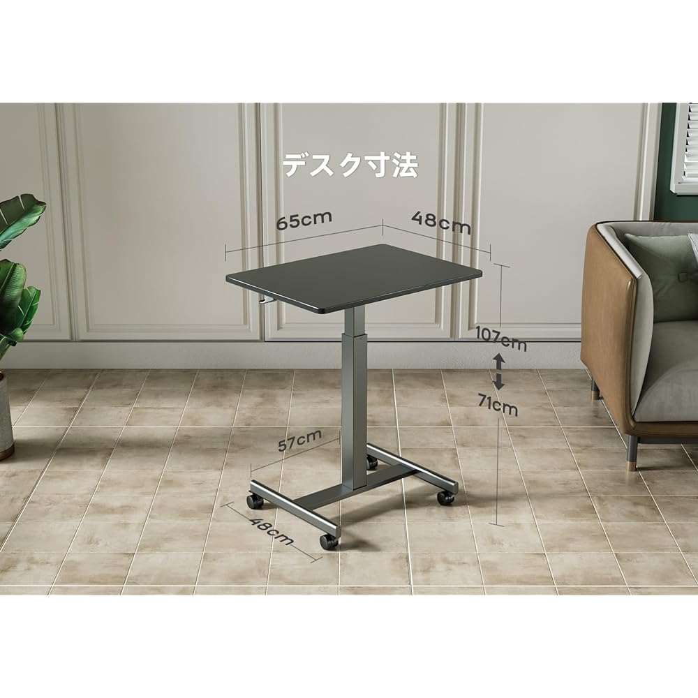 Claiks Height Adjustable Desk, Gas Pressure, Standing Desk, Height Adjustable Table, Width 65cm x Depth 48cm, Telework, Office Desk, Work from Home, Computer Desk, Height Adjustable, Cassette Included, Black Frame/Black Top