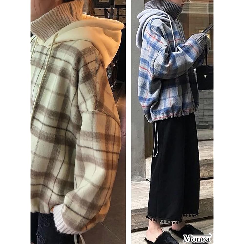 [Monoa] Parka, Plaid Pattern, Brushed Lining, Knit Collar, Layered Style Sweatshirt, Hooded Pullover, Women's Fashion