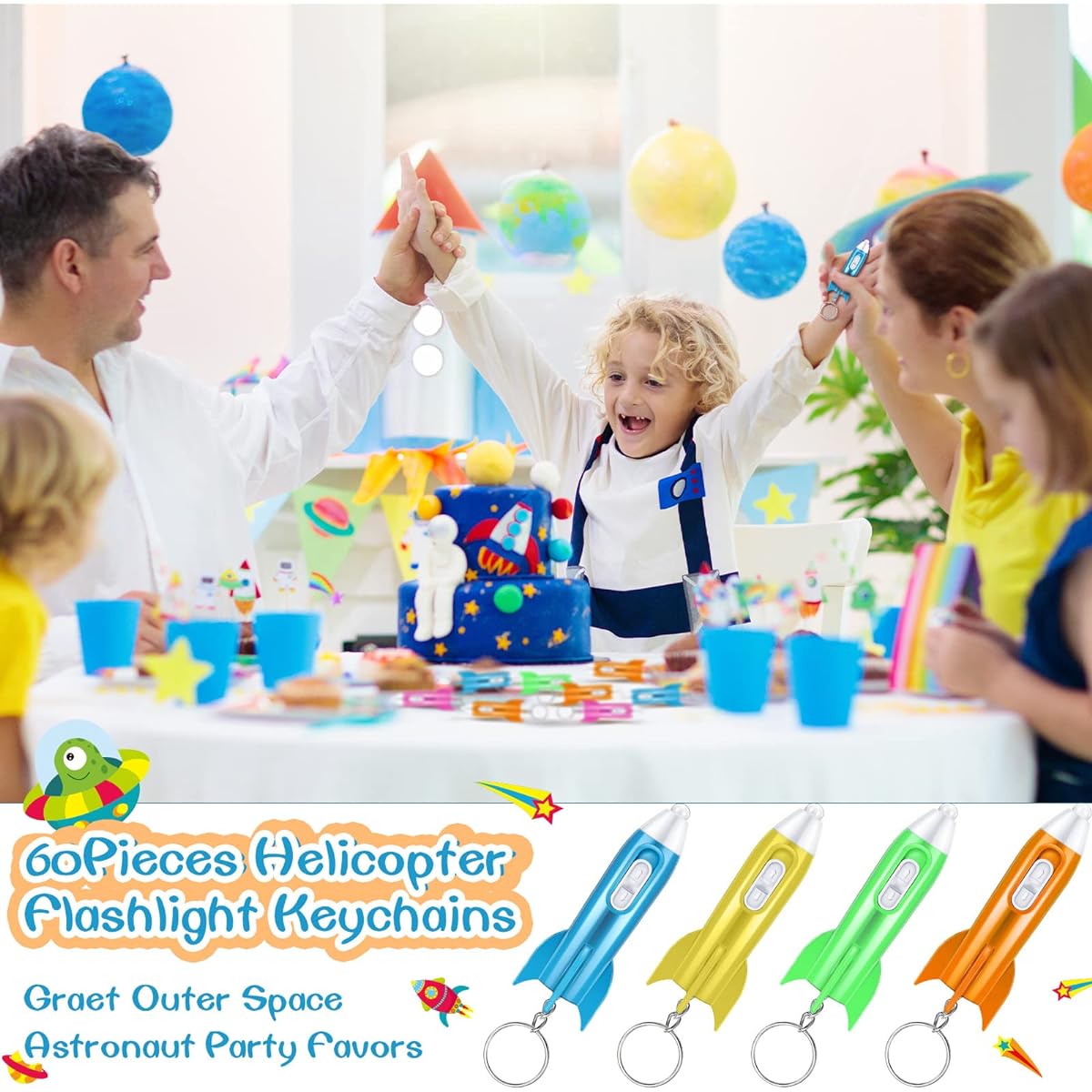 Hortsun Helicopter Mini Flashlight Keychain Space Theme Party Favors Rocket LED Flashlight Helicopter Keyring Astronaut Space Birthday Party Favors (144pcs)