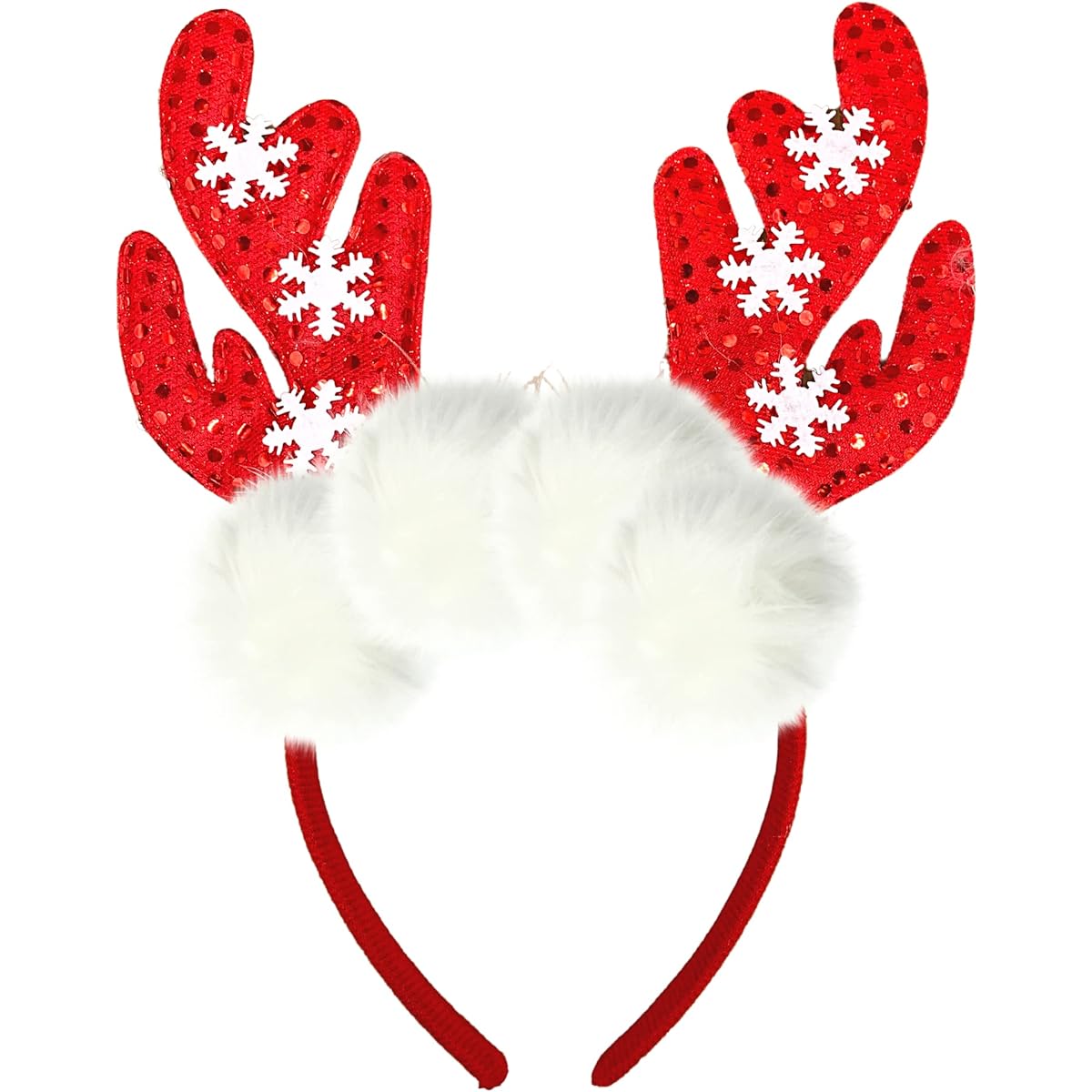Needzo Red and White Snowflake Christmas 2022 Reindeer Antler Headband Red Sequin Hair Accessories for Holiday Party, One Size Fits Most Kids and Adults