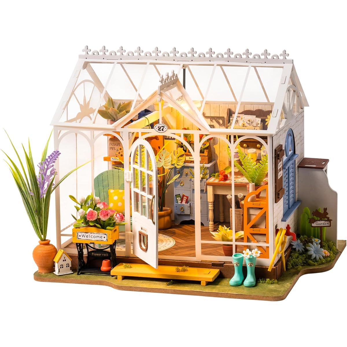 Kit Dollhouse Dreamy Garden House Mediterranean Style DIY Handmade Kit Assembly Wooden Puzzle Woodcraft Illustrated Instruction Manual Included Official Sales For Kids and Adults Interior Accessories Home Decor Time Killer Birthday Gift Christmas Present