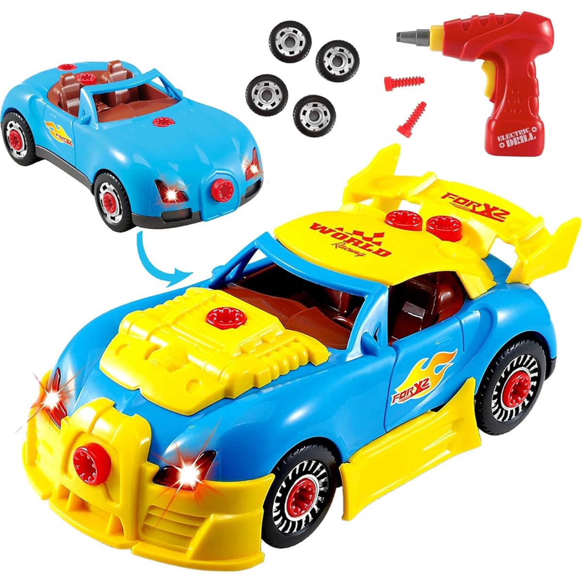 PowerTRC World Racing Car Take Apart Toy for Kids with 30 Parts, Tools and Drills, Realistic Lights and Sounds