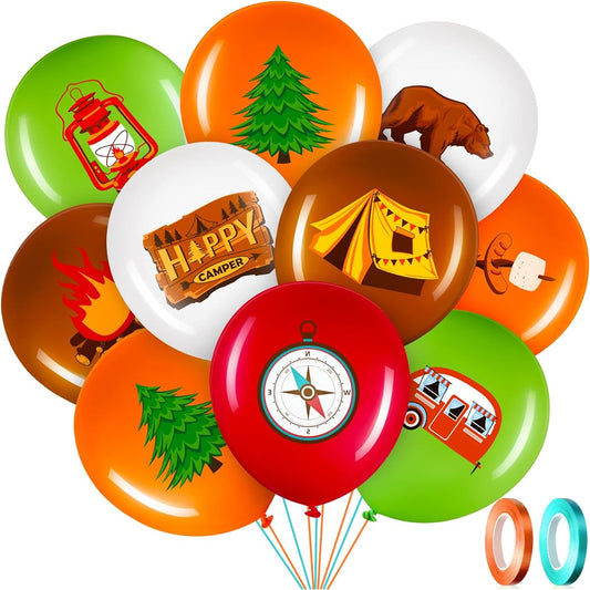 45pcs Camper Balloons Colorful Camping Party Balloons Decorations Camping Adventure Party Supplies Green and Brown Ribbon Latex Balloon Kit for Boys Girls Hiking Campers 12inch