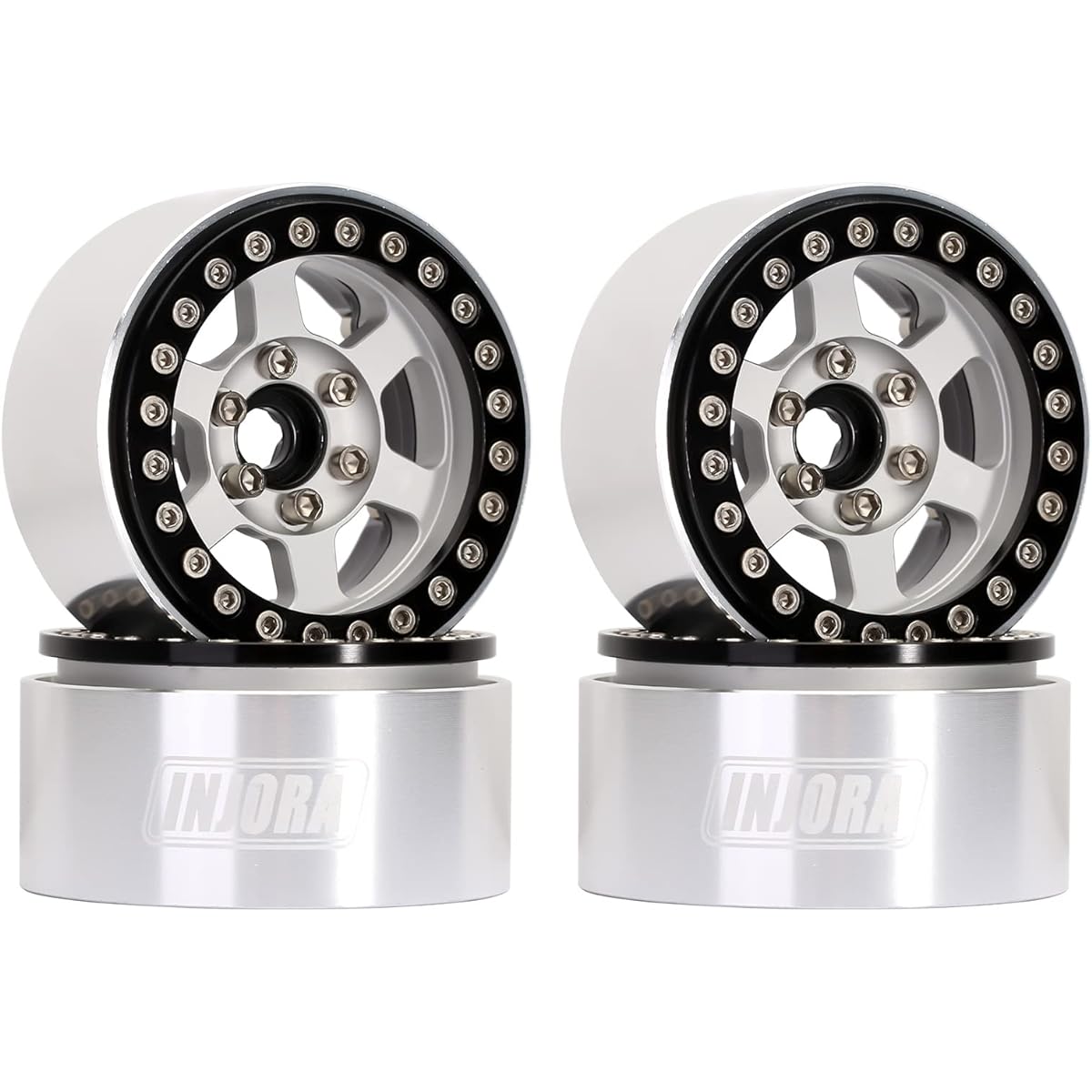 INJORA 1.9 Beadlock Wheels CNC Aluminum 6 Spoke Wheel Rim Hub for SCX10 Pro 1/10 RC Crawler Car Axial SCX10 I II III Redcat Gen7 Gen8 TRX4 VS4-10 Black & Silver