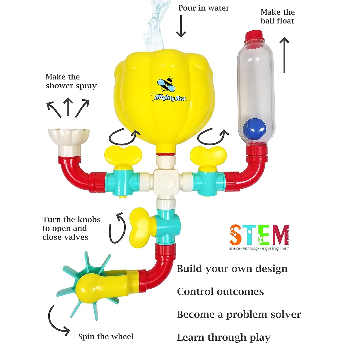 Bubble bee bath toy pipes and valves.Stem Toys with water wheel, bath pipe, knob, shower, ball, water tube.Water building toys for 3, 4, 5, 6, 7 year old toddlers, boys and girls.