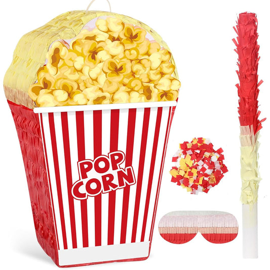 Aoriher Movie Night Music Pinata Pinata Stick Confetti Tassel Blindfold for Kids Adult Carnival Circus Baby Shower Musical Birthday Party Decoration Supplies (Popcorn Pinata)