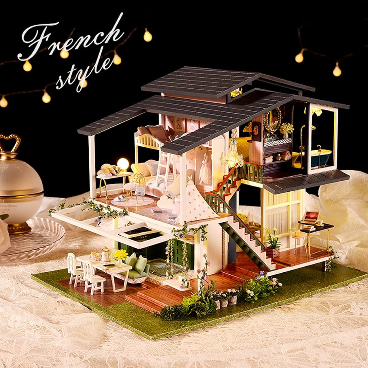 Dollhouse Miniature with Furniture DIY 3D Wooden Dollhouse Kit French Villa Style Plus Dust Cover with Music Movement 1:24 Scale Creative Room Idea Friends Lover A081
