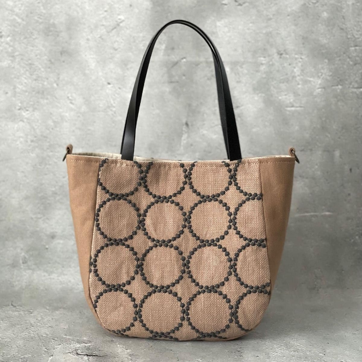 Mina Perhonen Tambourine Beige Round Tote with Genuine Leather Handles