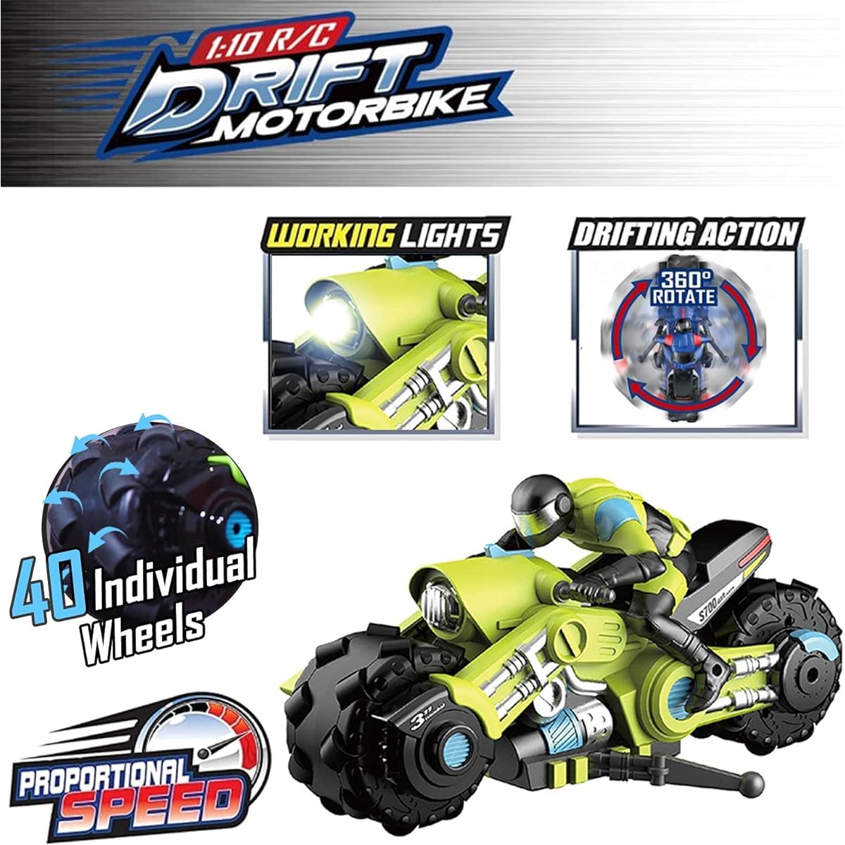 Unique KIDS Remote Control Bike - 360° Rotating Action High Speed Racing Bike with LED Light for Boys and Girls - Green