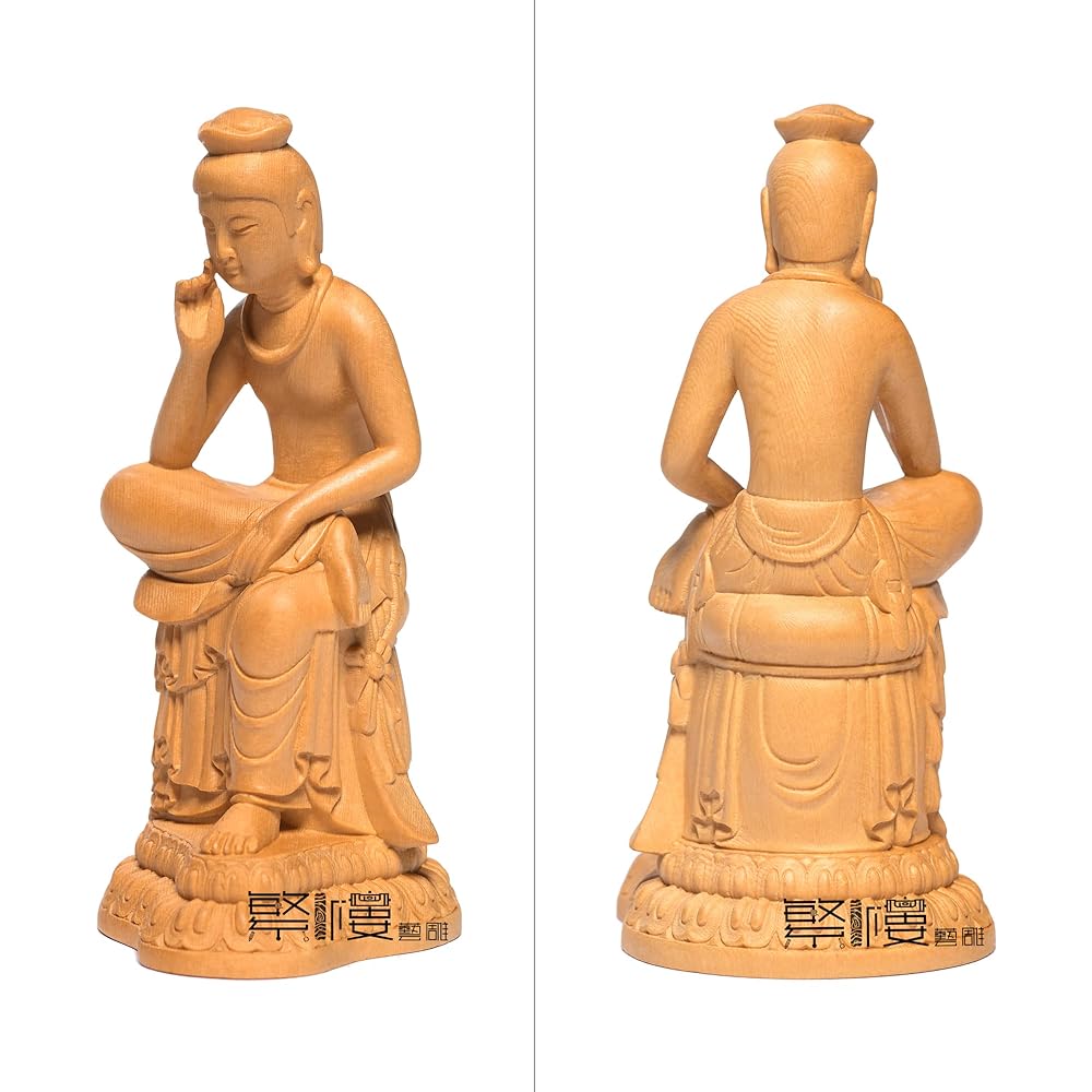 Hanro Art Sculpture Buddha Statue Maitreya Bodhisattva Half-prostrate Thought Statue Wood Carving Buddhist Altar Buddha Statue Ornament Wooden Cypress Wood Color (Height 12 cm x Width 5.5 cm x Depth 7 cm) (Log Wood Color)