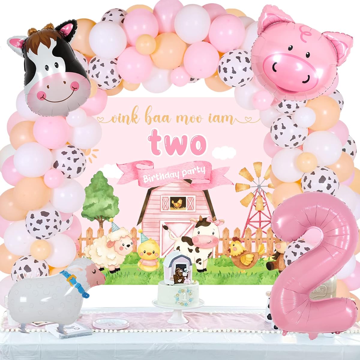 Pink Farm 2nd Birthday Decorations for Girls - Farm Animal Balloon Garland Arch Kit Oink Baa Moo Im with Two Backgrounds Number 2 Cow Sheep Pig Balloon Farmhouse Moo I Am Two Party Supplies