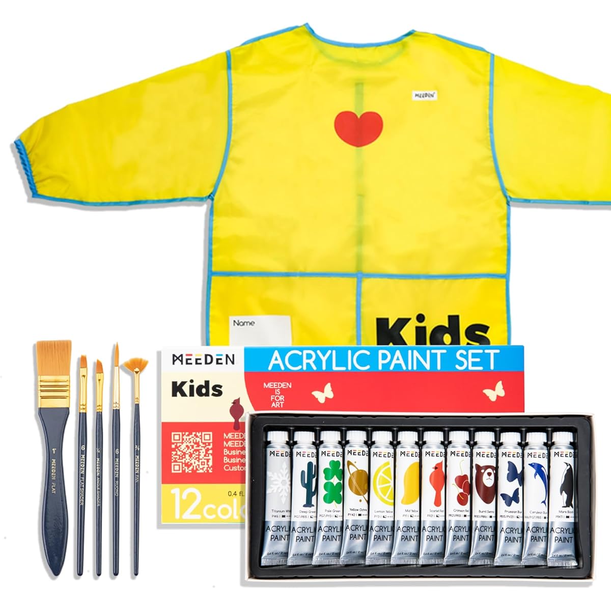 MEEDEN Acrylic Paint Set for Kids, 12 Tubes (0.4 oz 12ml), 5 Toddler Paint Brushes, Paint Apron, Non-Toxic Art Painting Kit with Art Smock, Easter Gifts for Kids