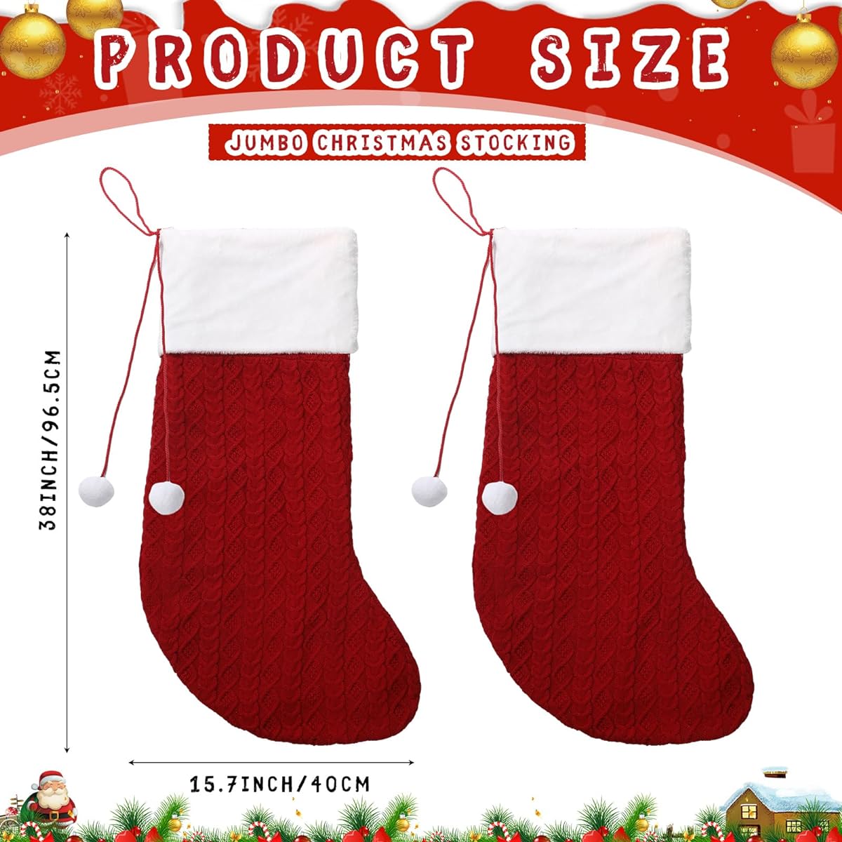 Treela Big Christmas Stockings 2 Pack 38 Inch Large Christmas Hanging Stockings with Pom Pom Balls Giant Oversized Knitted Santa Stockings for Kids Family Holiday Christmas Party Gift Decoration (Red)