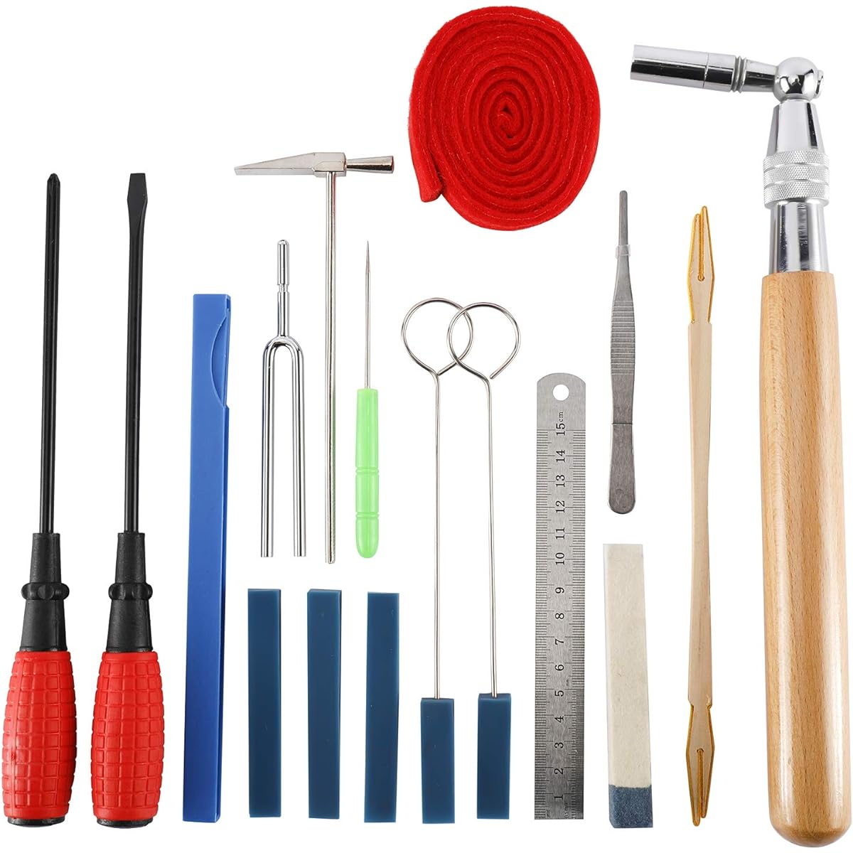 Professional Piano Tuning Kit, 18 Pieces Piano Tuner Tools, 17 Pieces, 1 Carry Case, Star Head L-Shaped Tuning Hammer, Mute Tool Kit, Tuning Fork, Temperament Strip, Piano Repair Accessories