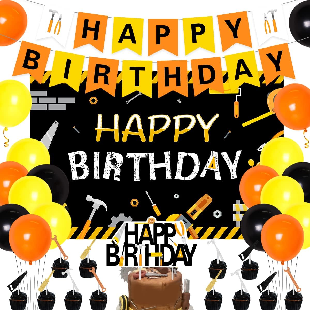 Tools Birthday Party Decorations for Boys Men Tools Happy Birthday Black&Orange Backdrop Tools Happy Birthday Banner Tools Birthday Dessert Table Decorations Hammer Drill Pliers Hand Saw Cake Topper