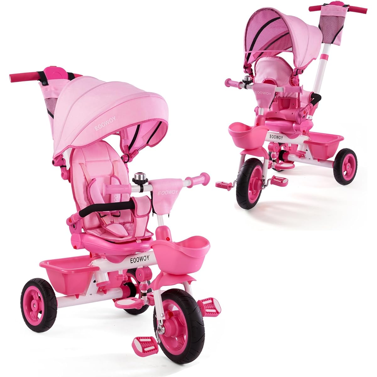 EOOWOY Baby Tricycle 6 in 1 Kids Trike with Push Handle Swivel Seat Removable Canopy Safety Harness All Terrain PU Wheels for 18 Months-5 Years (Pink)