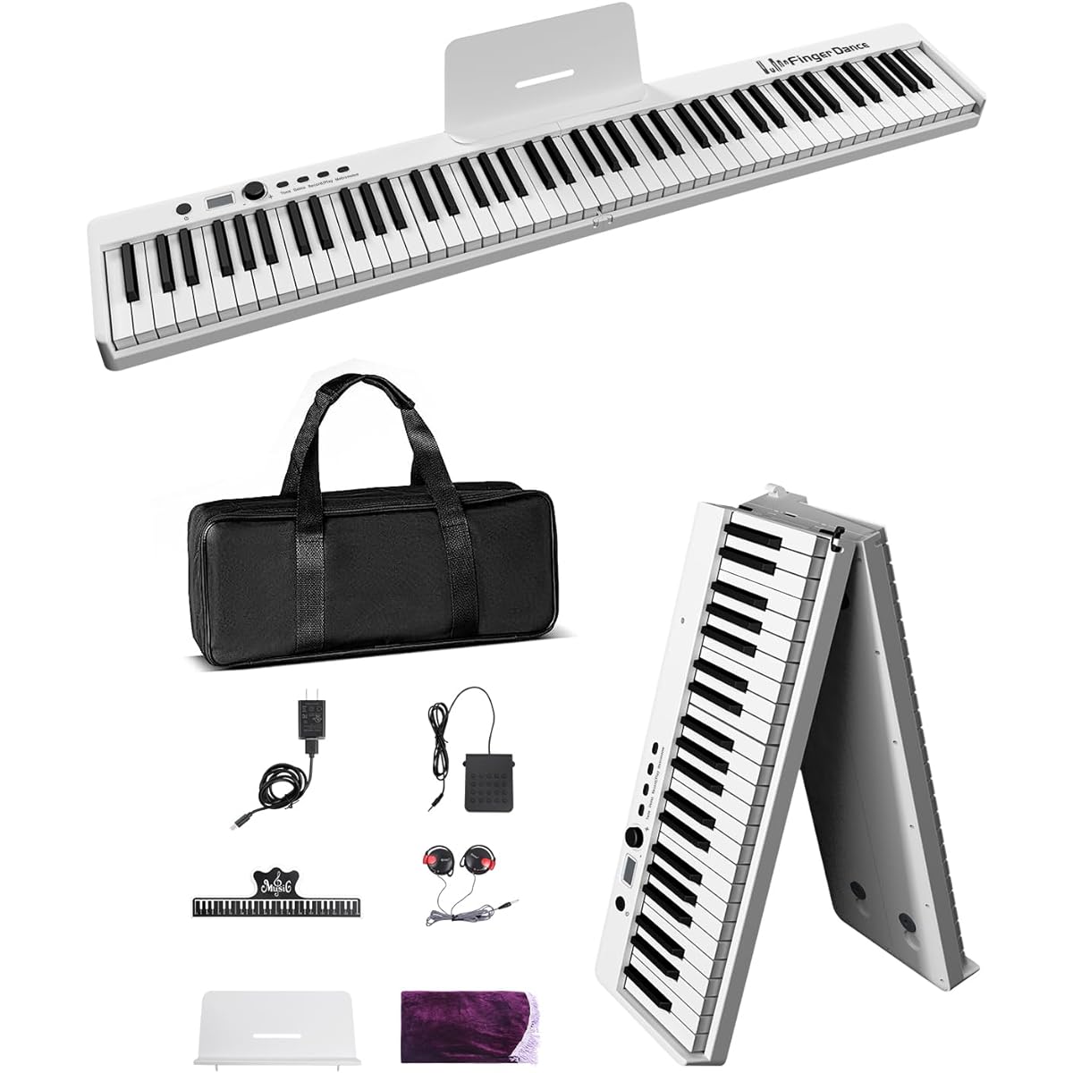 Electronic Piano Foldable 88 Keys for Beginners Adults Semi-Weighted with Pedal Dustproof Portable (Compact, White)