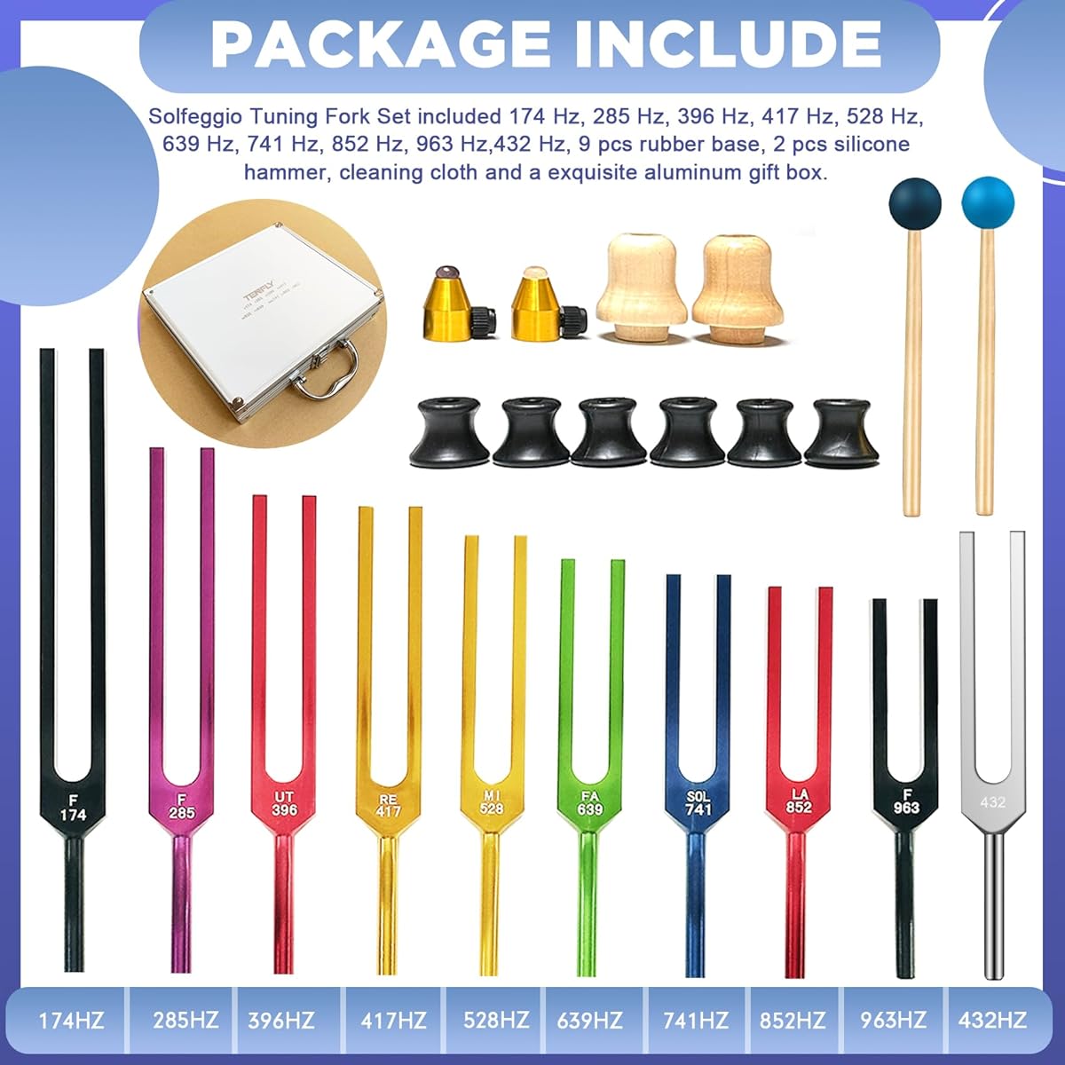 TENFLY Solfeggio Tuning Fork Set – 10 Tuning Forks DNA Healing Chakra Sound Therapy Multicolor with Exquisite Aluminum Gift Box (174Hz, 285Hz, 396Hz, 417Hz, 432Hz, 528Hz, etc.)