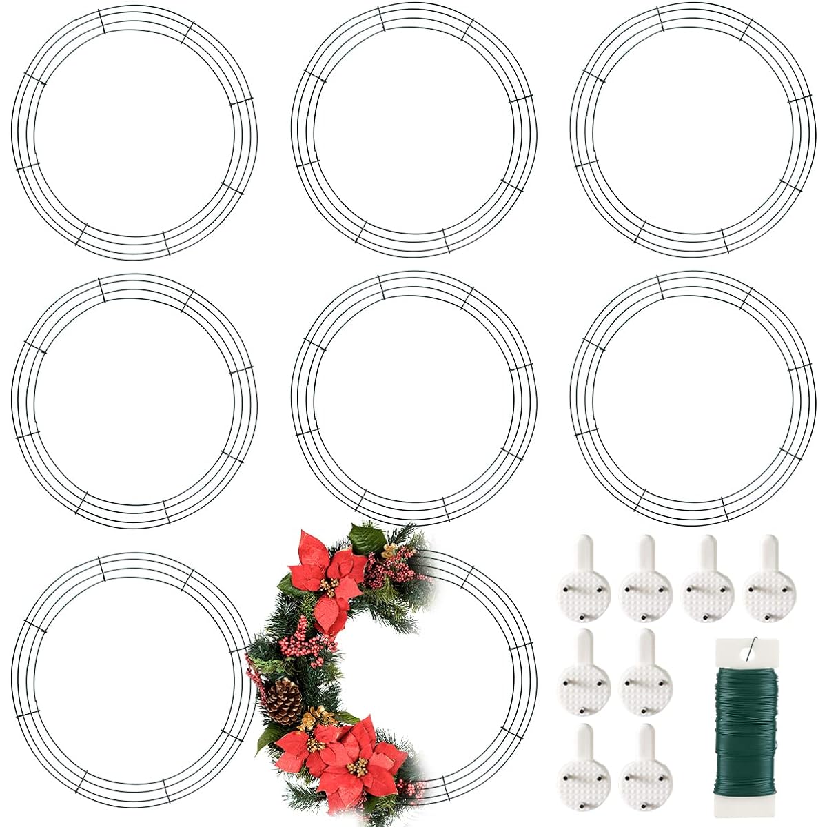 Wire Wreath Frames, 20 Inch Metal Wreath Forms Wreath Rings for Crafts DIY Front Door Wreaths Christmas New Year Wreath Valentine Wedding Garden Home Party Decorations, Pack of 8 with 38 Yards Paddle Wire