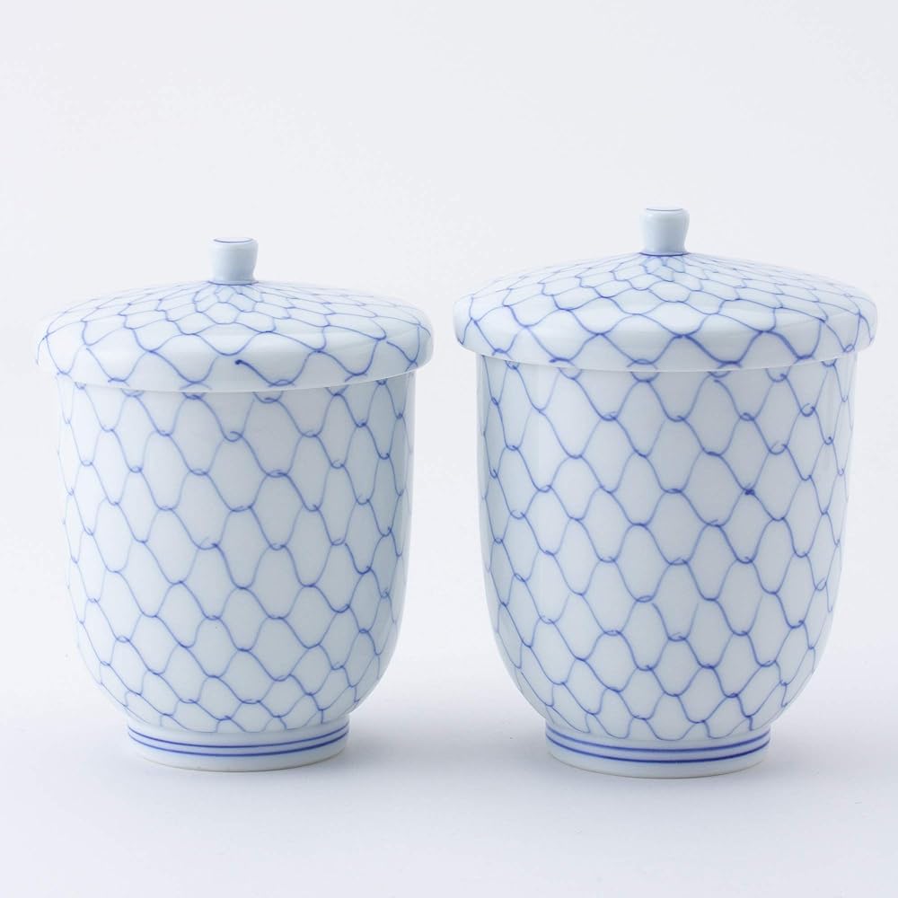 Nishikai Pottery Hasami Ware Pair Hot Pot with Lid Kourin Inner and Outer Net Pattern (In Wooden Box) 11509