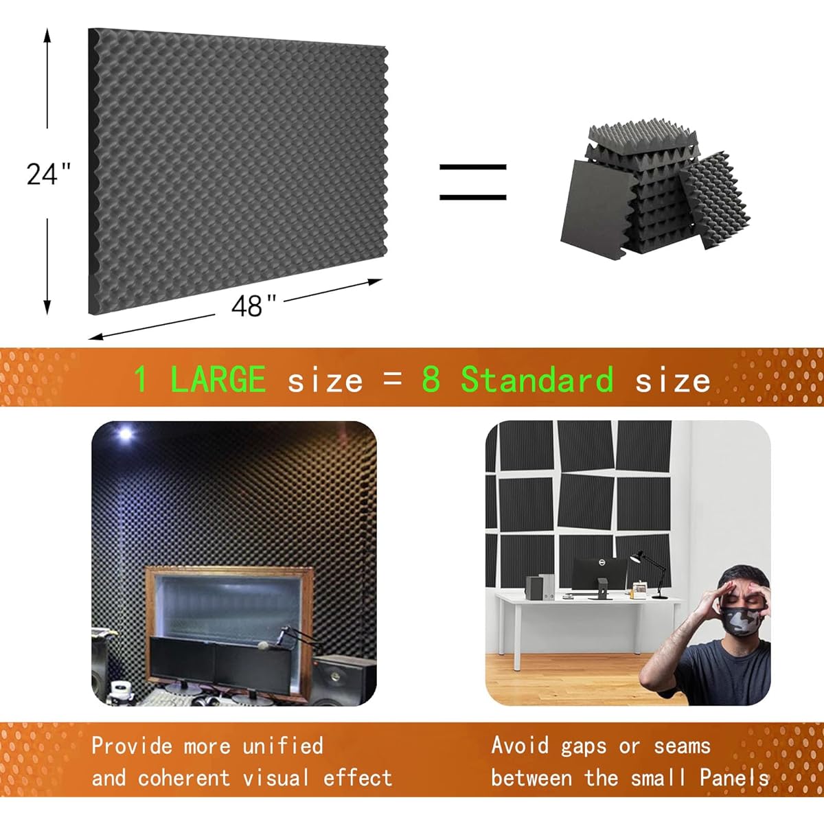 FOUCARSI Acoustic Foam Egg Crate Panel Studio Foam Wall Panel 48" X 24" X 1" (Pack of 4, Black)
