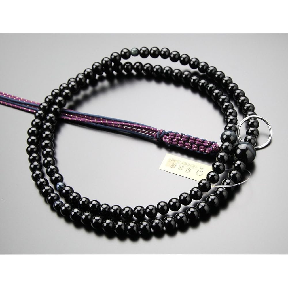 Nenju.com Soto Zen Buddhist Prayer Beads for Men, Shakuni Ebony (Glossy), Blue Tiger Eye Stone, Genuine Silver Ring, String Bun [Regular Prayer Beads, Zen Sect, Kyoto Prayer Beads, Kyoto, 108 Beads, Two Rows, Tiger Eye Stone, Hawk's Eye, Blue Tiger Eye 2