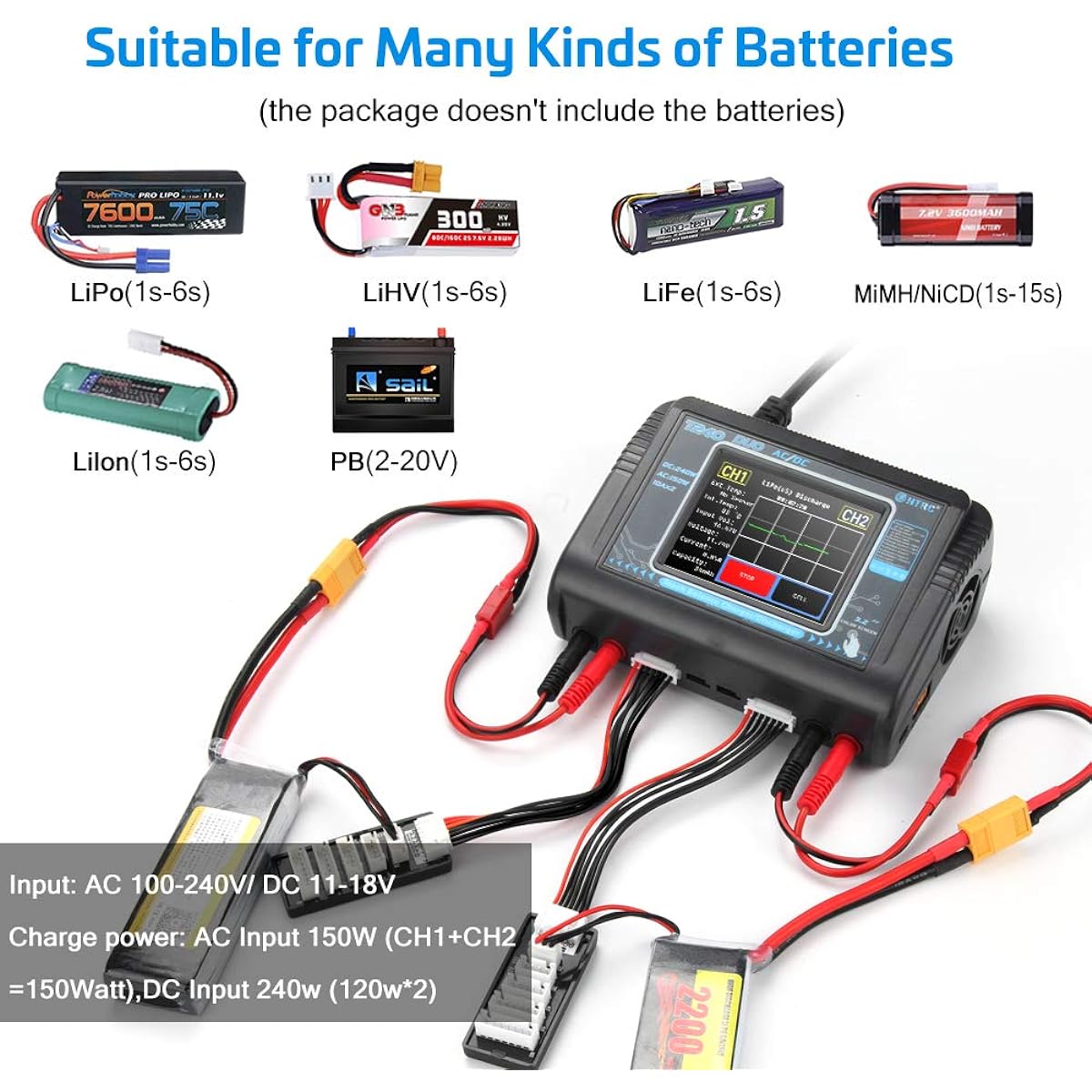 Lipo Battery Charger Dual Balance Touch Screen RC Charger Discharger AC150W DC240W 10A T240 Duo for 1-6S Li-ion LiFe LiHV 1-15S NiCD NiMH PB Smart Battery
