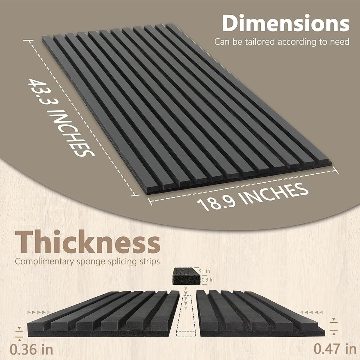 Acoustic Wood Slat Panels for Interior Wall Decoration, Soundproof Wall Panels, 3D Slat Wood Panels, Bedroom Sound Absorption Decoration, Seamless Joint, 43.3" x 18.9", Black, 2 Pieces