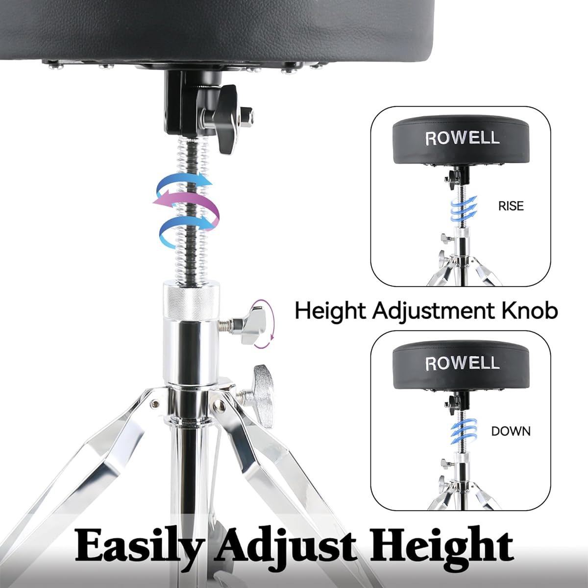 ROWELL Drum Throne Height Adjustable Drum Throne Seat Drum Stool Thick Padded Double Support Anti-Slip Drum Seat Suitable for Adults and Drummers with Drum Sticks and Drum Key (Black)