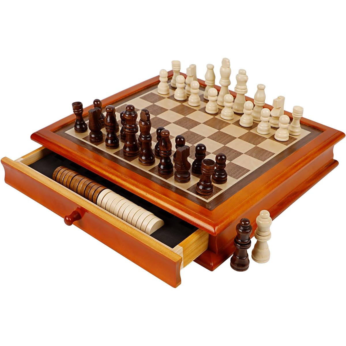 Juegoal 12" Wooden Chess & Checkers Set with Storage Drawer, Portable Board Game for Kids and Adults