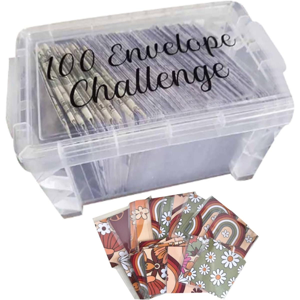 Naisicore Money Saving Challenge Box with 100 Cards, Clear Piggy Bank, 100 Envelopes, Money Box, Budget Planning Gift