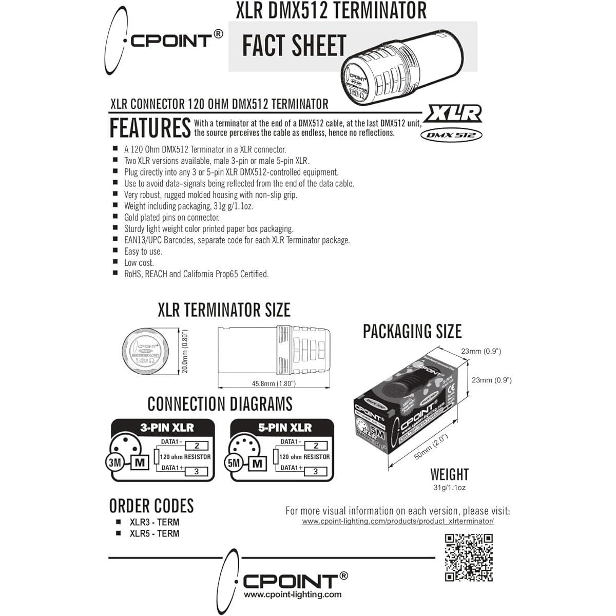 SIRS-E 2 Pack - CPoint DMXterminator XLR 5 Pin DMX Terminator 120 Ohm XLR5-TERM