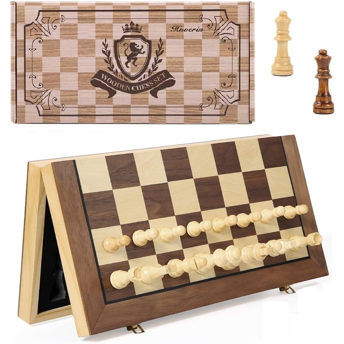 Hnoerin 15 Inch Chess Set Magnetic Chess Set for Adults Wooden Chess Set for Kids Folding Chess Board Set with Piece Storage Slots Travel Chess Set for Adults & Kids Staunton Chess Pieces