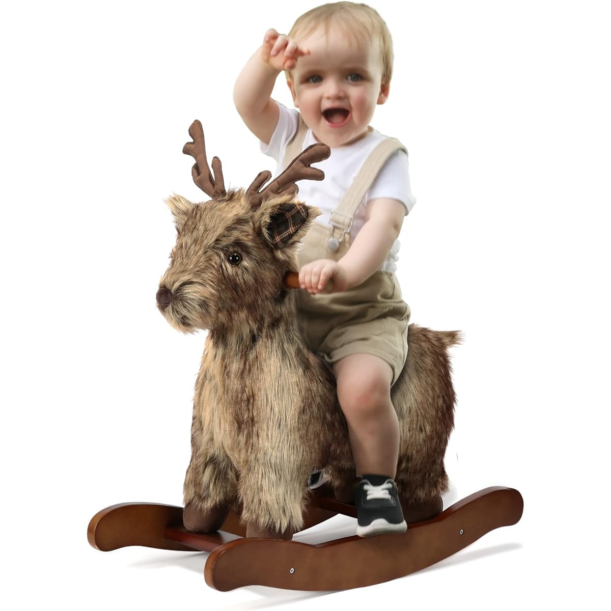 JOLIE VALLÉE TOYS & HOME Reindeer Baby Rocking Horse for 1 Year Old Wooden Deer Rocking Horse Rocking Animal Wicker Plush Fur for Toddlers 1-3 Years Old