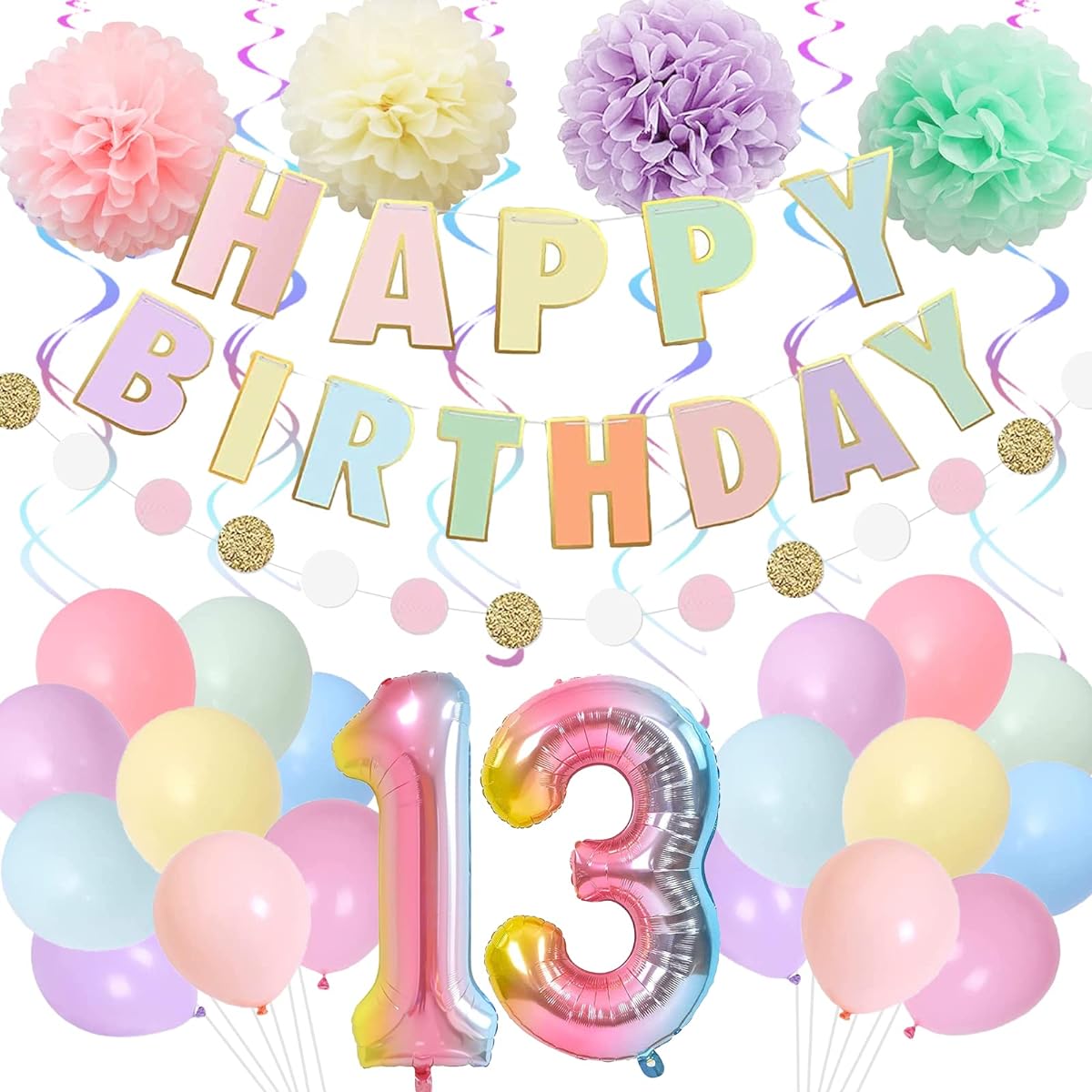 BRT Bearingshui 13th Birthday Decorations for Girls Boys, 40" Rainbow Gradient Number 13 Balloons, 13th Birthday Balloons, Happy Birthday Banner for Kids, 13th Birthday Party Supplies