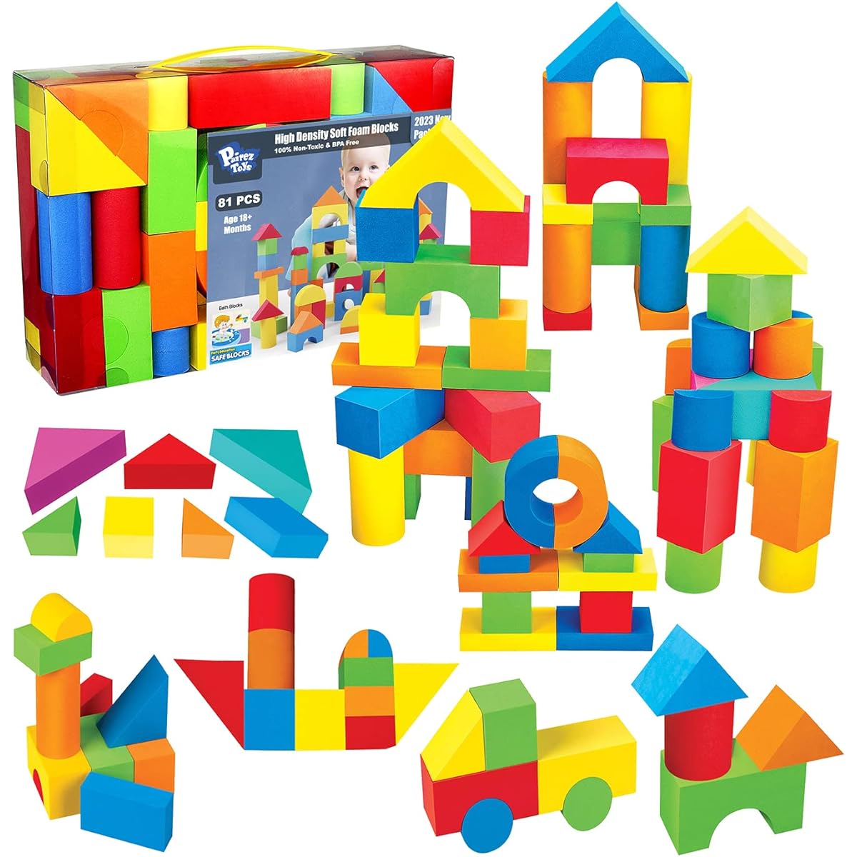 Foam Building Blocks for Toddlers 2-4 81 Pieces EVA Soft Stacking Blocks Toy Set Early Learning Construction Toys Gifts for Kids/Boys/Girls 18 Months and Up