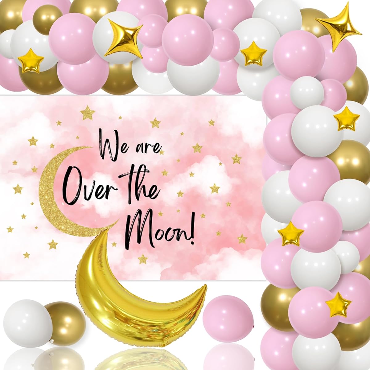 Over The Moon Baby Shower Decorations for Girls Pink White Gold Balloon Arch Kit We Are Over The Moon with Backdrop Gold Star Moon Foil Balloons Moon and Stars Baby Shower Space Theme Party
