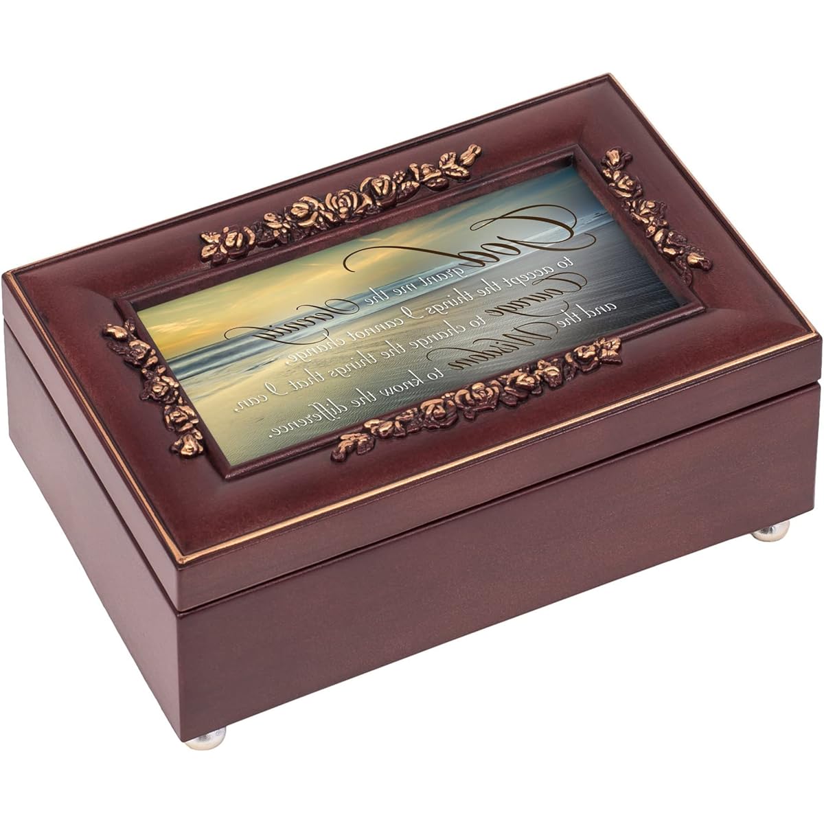 Serenity Prayer Ocean Waves Rosewood Finish Jewelry Music Box Plays Canon In D