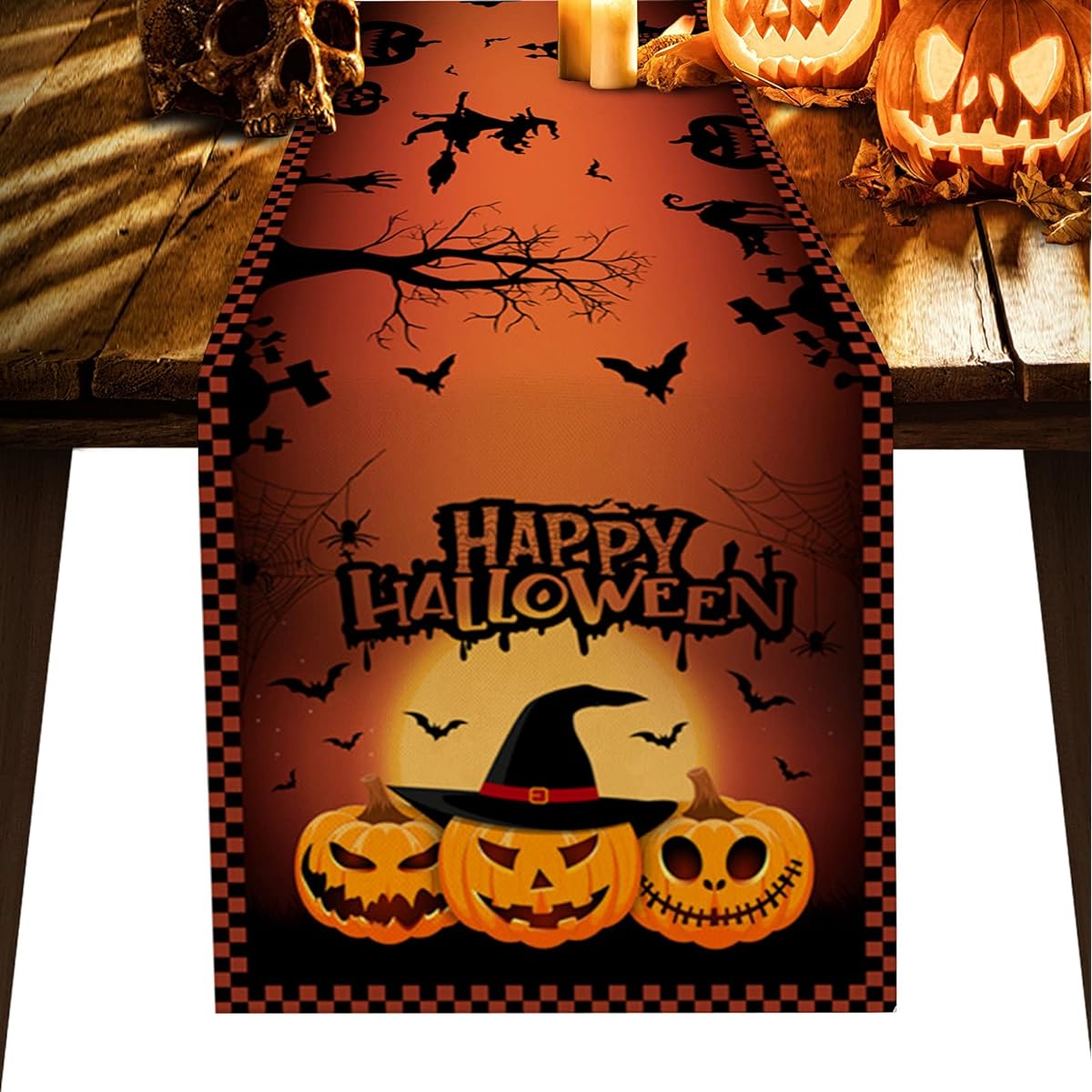 Libaoge Halloween Table Runner 72" Long for Kitchen Dining Table, Orange Pumpkin Bat Burlap Coffee Table Runner for Family Dinners, Parties, Holiday Gatherings, 13x72"
