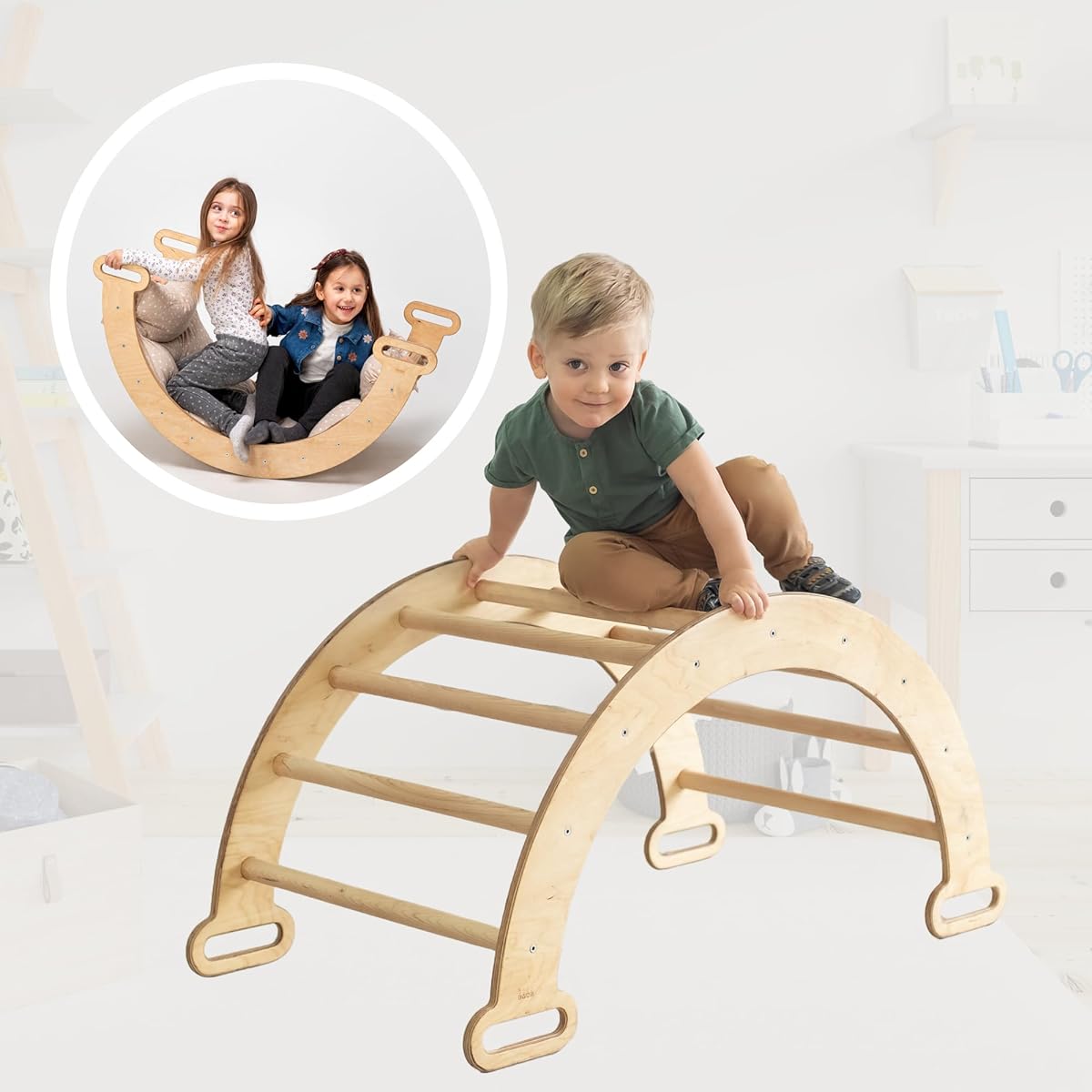 Goodevas Wooden Ladder Arch for Climbing Montessori Gym Toddler Kids Ladder Climber Eco Friendly Waldorf Rocker Ages 1-7