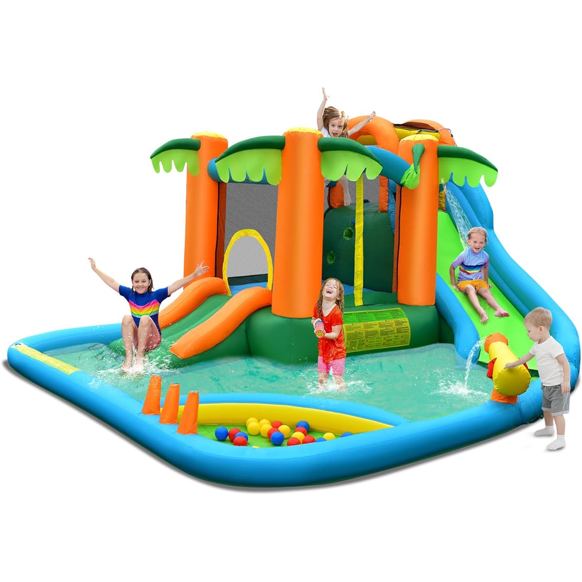 Costzon Inflatable Water Slide 7 in 1 Kids Giant Water Park Bounce House for Outdoor Fun Splash Pool Climbing Wall Water Cannon Water Slide Inflatable Gift Present for Kids and Adults