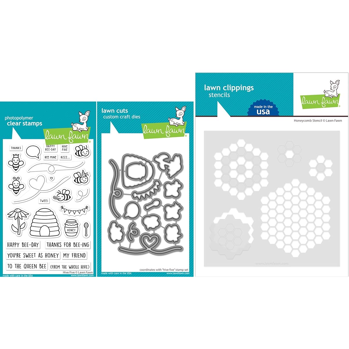 Lawn Fawn - Hive 5 Stamps, Dies, Honeycomb Stencils