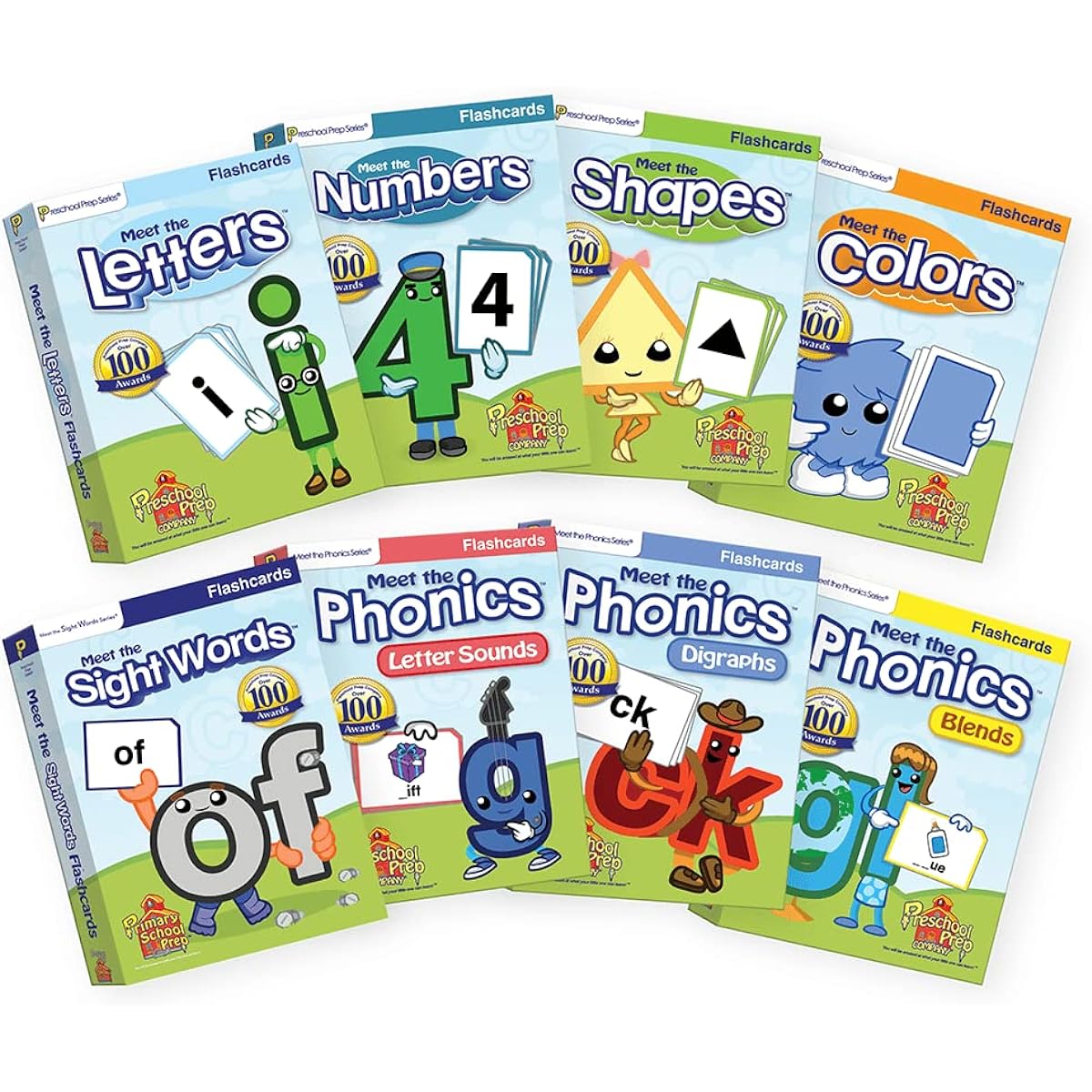 Preschool Prep Company Basic/Reading Flash Card Set with 8 Sets - Letters, Numbers, Shapes, Colors, Sight Words, Phonics Letter Sounds, Digraphs, Blends Flash Cards