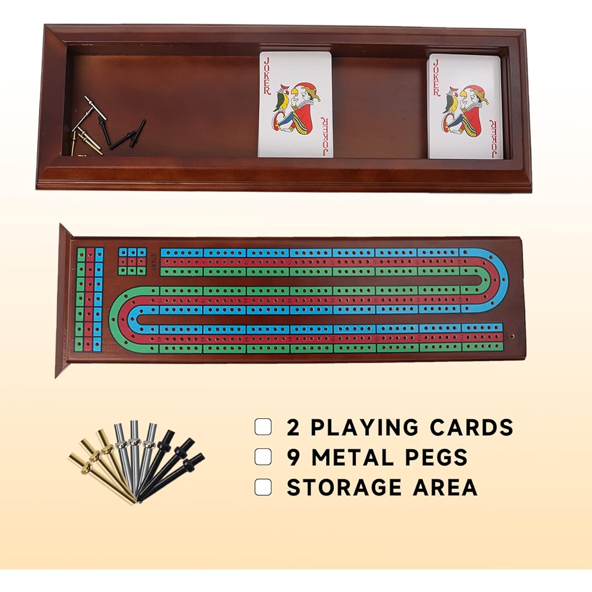 GSE Multicolor 3 Track Wooden Cribbage Board Game Box with 2 Decks of Playing Cards, 9 Metal Pegs, Storage Drawer, Wooden 3 Track Cribbage Board and Large Storage for Family Board Games